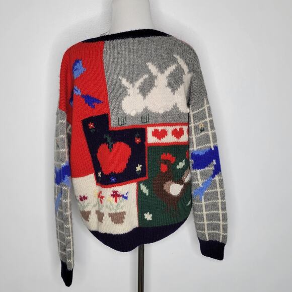 Vintage Women Novelty Twee Shetland Wool Sweater Granny Country Patchwork Large - Picture 4 of 13